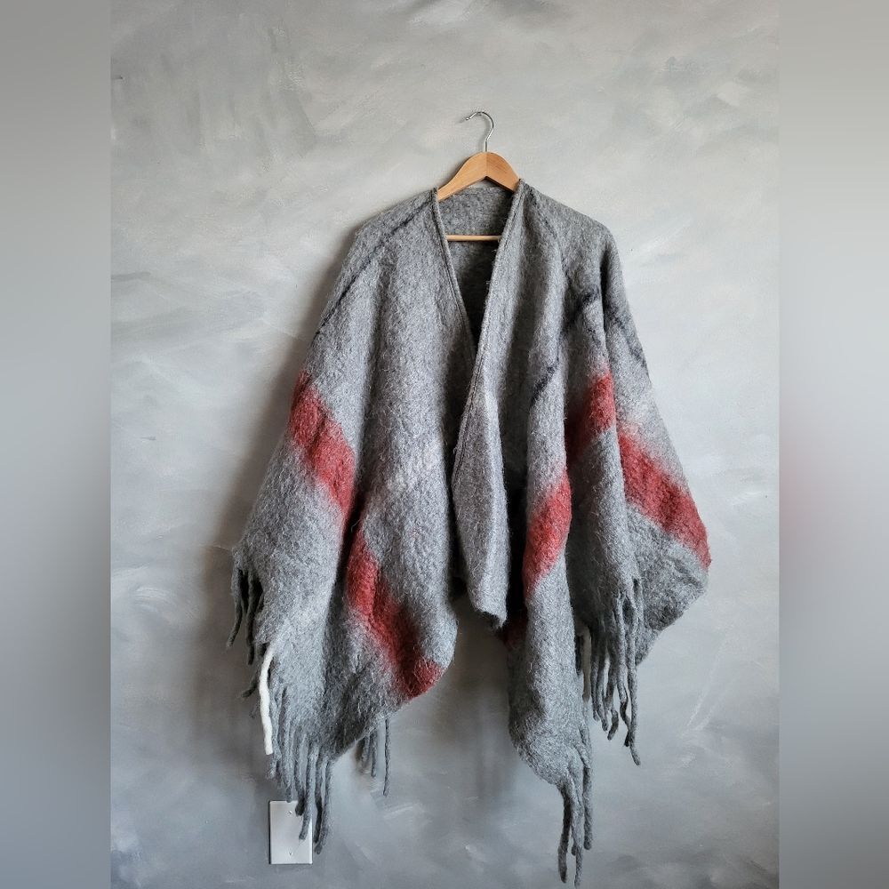 MoHair Wool Blend Wrap Hi Low Poncho with Rolled Chunky Fringe
